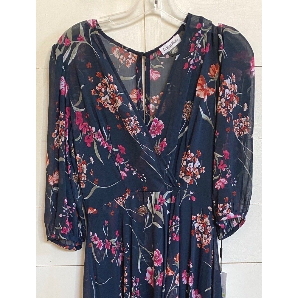 Calvin Klein Navy Blue Floral Chiffon High Low Maxi Dress 4 NWT Wedding Guest - Picture 10 of 16
